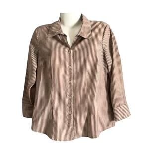 Notations Women's Beige/Black Stripes 3/4 Sleeve Button-Up Classic Blouse SZ M